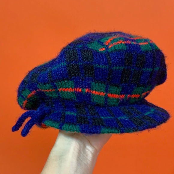 Mod 60s 70s plaid knit beret winter hat Small